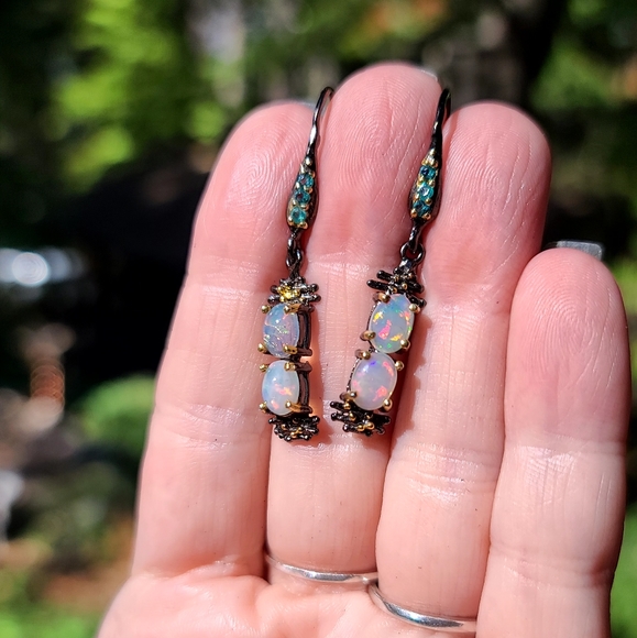 Natural Kharma by Avelon Jewelry - Dual Opal & Topaz Sterling & Gold dramatic drop earrings